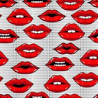 padrão sem emenda com lábios vermelhos em estilo pop art em abstrato com pontos. cenário de beleza repetido. papel de parede feminino. pontos e beijar os lábios. estilo de desenho animado colorido. vetor