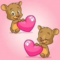 fofa Urso de pelúcia Urso segurando vermelho coração. vetor ilustração para st dia dos namorados dia. Urso emoção conjunto