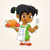 desenho animado fofa pequeno árabe ou Afro-Americano menina dentro avental servindo assado Ação de graças Peru vetor