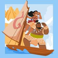 havaiano menina e homem equitação uma barco vetor