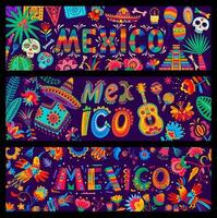 mexicano feriado bandeiras, dia morto crânios, sombrero vetor