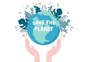 salve nossa ilustração do planeta Terra para um ambiente verde com um conceito ecologicamente correto e proteção contra danos naturais vetor
