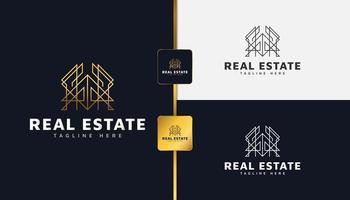 logotipo imobiliário em gradiente de ouro com estilo de linha. construção, arquitetura ou modelo de design de logotipo de construção vetor