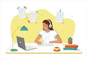 conectados Educação. menina estude conectados às computador. vetor ilustração para aterrissagem página e rede modelos.