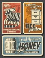 apicultura apiário cartazes retrô, querida favo de mel vetor