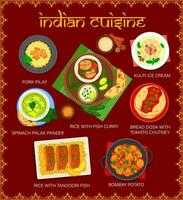 indiano restaurante cardápio, arroz e vegetal pratos vetor