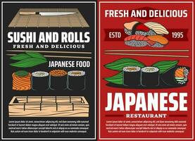 Sushi e rolos, japonês cozinha e ásia Comida vetor
