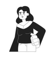 feliz cabelos escuros menina com sorrir monocromático plano vetor personagem. independente caucasiano mulher. editável fino linha metade corpo pessoa em branco. simples bw desenho animado local imagem para rede gráfico Projeto