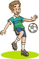 jovem Garoto jogando futebol vetor ilustração.fofo pequeno Garoto jogando futebol chutando a futebol.