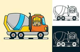 feliz trabalhador dirigindo misturador caminhão. vetor desenho animado ilustração dentro plano ícone estilo