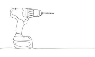 sem fio broca dentro 1 linha contínuo estilo. linha arte Chave de fenda com broca isolado em branco fundo. vetor