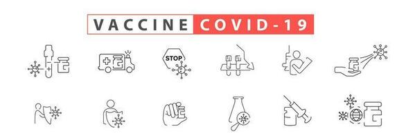 corona linha vacina ícone definir. incluído a ícones Como vacinação, coronavírus vacinador, COVID-19, seringa vetor