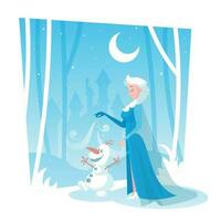 uma menina caminhando com boneco de neve vetor