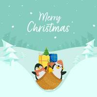 alegre Natal celebração poster Projeto com desenho animado pinguim apreciar trenó, presente caixas em pastel ciano natal árvore e queda de neve fundo. vetor