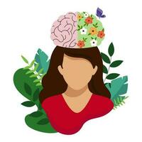 sem rosto jovem mulher com dois lados cérebro, borboleta e folhas em branco fundo para mundo mental saúde dia. vetor