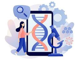 biotecnologia. estude dna usar Smartphone e microscópio. inovação, Ciência, laboratório pesquisar, genético testando, químico, OGM, Bioengenharia e organismo. moderno plano desenho animado estilo. vetor