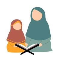 ilustração do mãe e dela filha lendo Alcorão vetor