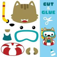 fofa gato usando mergulho óculos com lifebuoy. Educação papel jogos para crianças. Cortar fora e colando. vetor desenho animado ilustração