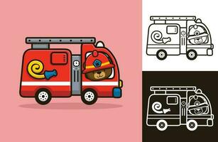 fofa Urso vestindo bombeiro capacete dirigindo caminhão de bombeiros. vetor ícone ilustração