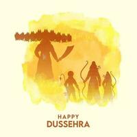 feliz dussehra poster Projeto com silhueta senhor rama, lakshman, hanuman, demônio Ravana e amarelo aguarela efeito em branco fundo. vetor