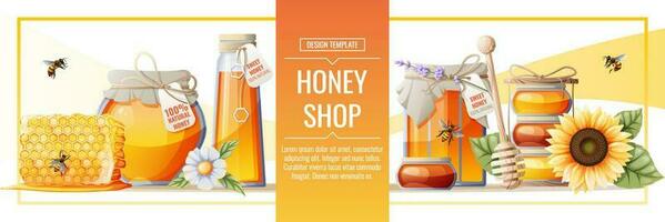 bandeira modelo com querida produtos. querida loja.ilustração do uma jarra do mel, favos de mel, abelhas, flores Projeto para rótulo, folheto, poster, anúncio. vetor