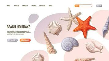 rede página modelo com conchas do mar e estrelas em a areia. de praia tema, tropical férias.conceito para rede bandeira e aterrissagem página vetor