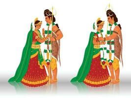 personagem do senhor shiva e deusa Parvati durante casamento dentro dois imagens contra branco fundo. vetor