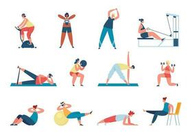mulheres exercício com Esportes equipamento, trabalhando Fora às casa ou academia. fêmea personagens fazendo agachamentos, praticando ioga, ginástica Treinamento vetor conjunto