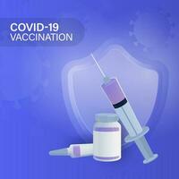 covid-19 vacinação conceito com vacina garrafas, seringa injeção e segurança escudo em azul fundo. vetor