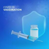 covid-19 vacinação conceito com vacina garrafa, seringa e segurança escudo em azul vírus afetado fundo. vetor