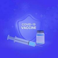 covid-19 vacina conceito com segurança escudo, seringa e vacina garrafa em azul fundo. vetor