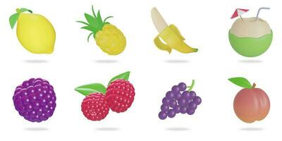 3d Renderização. frutas ícone conjunto em uma branco fundo.limão,abacaxi,banana,coco,framboesa,uva,pêssego,cereja vetor