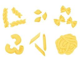 uma conjunto do diferente tipos do massa. Macarrão Penne, Farfalle, fettuccine, conchiglie, gomiti rigatti, fusilli. plano, desenho animado estilo. cor vetor ilustração isolado em uma branco fundo.