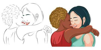 lésbica casal plano Projeto ilustração. retrato do dois lindo meninas dentro a íntimo abstração. interacial mulheres com romântico mesmo sexo parceiro estão flertando, abraçando, se beijando. lgbtq amor vetor