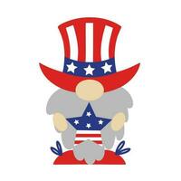 fofa patriótico gnomo de Julho 4º. americano independência dia. uma cinzento duende com uma barba detém uma Estrela com a EUA bandeira. duende dentro uma tradicional nacional chapéu. desenho animado vetor clipart isolado em branco