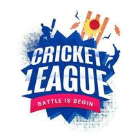 Grilo liga batalha é início conceito com bola batendo postigo, silhueta jogador de críquete jogadoras em abstrato azul e branco fundo. vetor