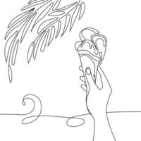 mão segurando a gelo creme cone em a fundo do a mar e Palma folhas linha arte abstrato desenho, vetor ilustração. mão com gelo creme Preto e branco seita dentro uma simples estilo.verão sobremesa