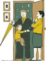 pai e filho em pé dentro frente do a porta. vetor ilustração.