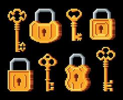 vintage dourado chaves e cadeados, 8 bits jogos ícones vetor
