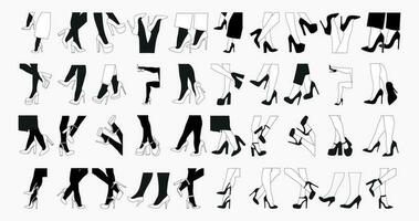 grande conjunto 40. silhuetas esboço do fêmea pernas. sapatos estiletes, Alto salto. andando, de pé, correndo, pulando, dança vetor