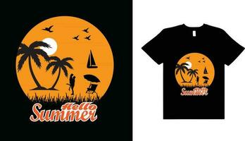 verão, nascer do sol, pôr do sol, mar praia, surf t camisa Projeto vetor