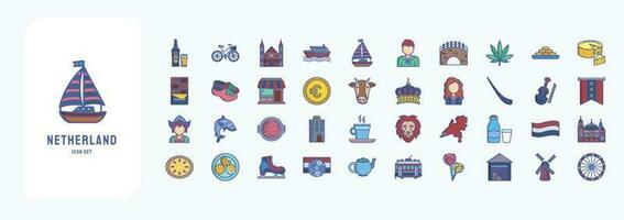 Holanda, Incluindo ícones gostar cerveja, bicicleta, canal, barco e Mais vetor