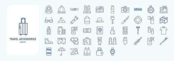 coleção do ícones relacionado para viagem acessórios, Incluindo ícones gostar mochila, gorro, livro, Câmera e Mais vetor