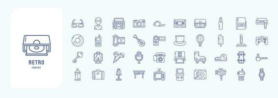 coleção do ícones relacionado para retro objetos, Incluindo ícones gostar estrangeiro, caixa de som, Câmera, cassete, rosquinha e Mais vetor