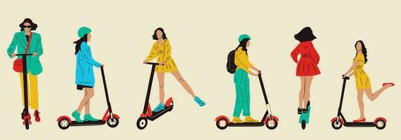 conjunto do jovem fêmea personagens com mochila passeio moderno urbano transporte elétrico pontapé lambreta. ativo hipster adulto milenar usa estilo de vida ecologia tecnologias. vetor