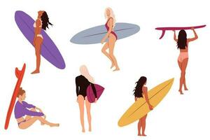 conjunto do surfar meninas minimalista vetor ilustração. plano estilo digital arte. jovem mulher com prancha de surfe dentro cheio crescimento