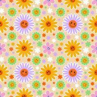 groovy flor desatado padronizar. ano 2000 floral sorrir fundo. desenho animado retro margarida impressão com engraçado rostos. vetor na moda estético ilustração.