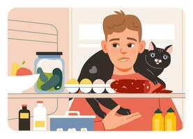 uma com fome homem com uma gato Verificações a geladeira com Comida. animal proprietário. plano vetor ilustração.