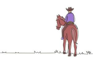 única linha contínua desenho cowboy cavalos no deserto na placa de madeira. mustang e pessoa ao ar livre ao pôr do sol. ícone ou logotipo de cowboy e cavalo. uma linha desenhar ilustração em vetor design gráfico