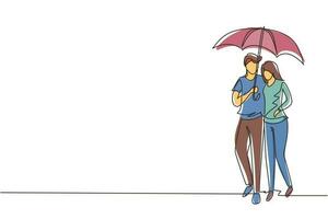único desenho de uma linha jovem casal homem mulher, menina e menino andando segurando guarda-chuva sob chuva sorrindo abraçando. casal romântico no tempo chuvoso de outono. vetor gráfico de desenho de desenho de linha contínua